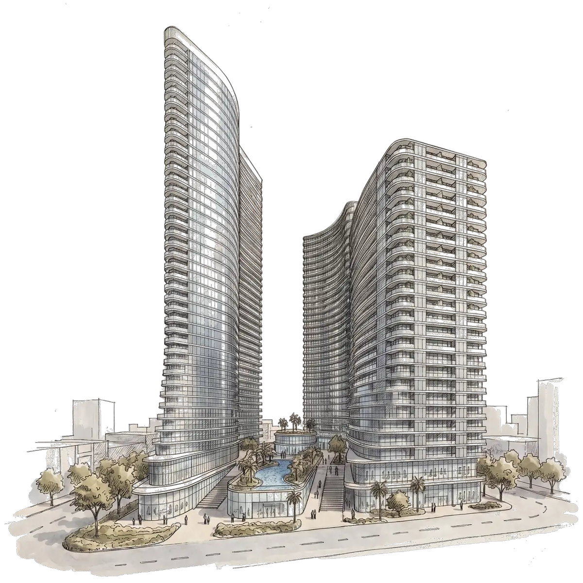 OPUS Signature — massing render of the two towers, central block and commercial podium